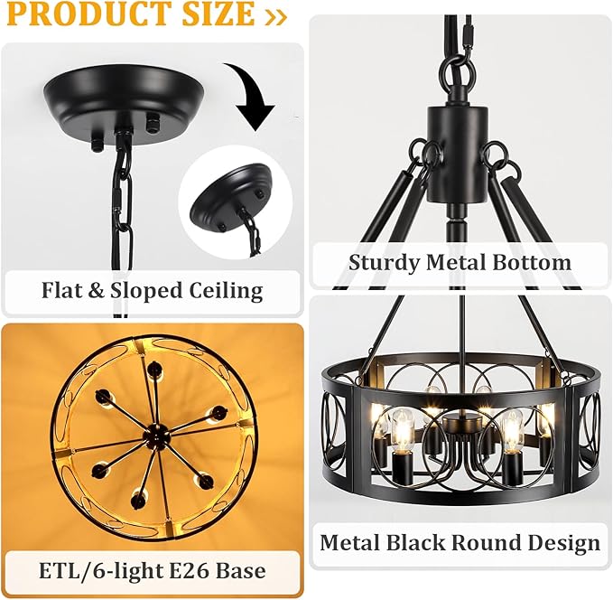 Modern Farmhouse Chandelier, 6-Light Black Chandeliers for Dining Room, 21.6'' Rustic Adjustable Pendant Lights Drum Light Fixture for Entryway Living Room Foyer Kitchen Island Bedroom, E26
