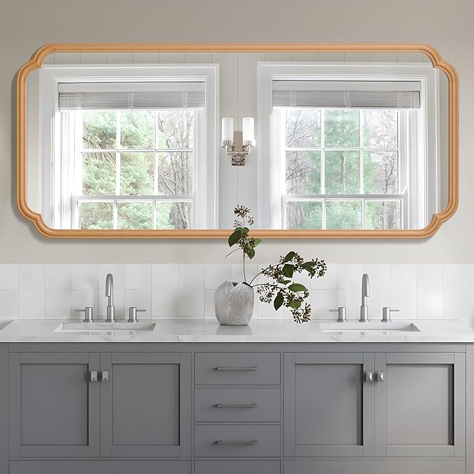 Natural Wood Framed Bathroom Mirror for Wall, 60X24 Inch Wood Bathroom Vanity Mirror Farmhouse, Large Rounded Rectangle Mirror, Tempered Glass, Hangs Horizontally or Vertically