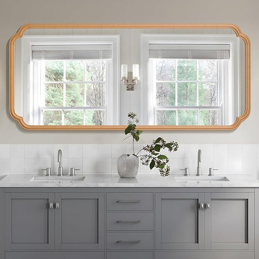 Natural Wood Framed Bathroom Mirror for Wall, 60X24 Inch Wood Bathroom Vanity Mirror Farmhouse, Large Rounded Rectangle Mirror, Tempered Glass, Hangs Horizontally or Vertically