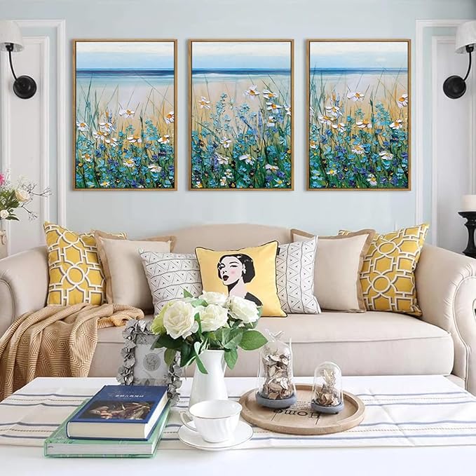 Blue Seaside Cyan Floral Wall Decor Wildflower Canvas Painting Framed Floral Prints Decor for Living Room Bedroom 16x24 Inch Set of 3