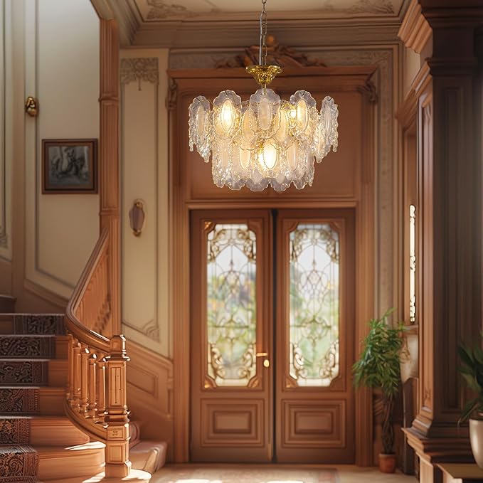 7PM Modern Gold Glass Chandelier, Antique Crystal Chandeliers 3-Layer 6 Light Round Pendant Chandelier for Dining Room Kitchen Island Living Room Bedroom 59" Height Adjustable, 20inch