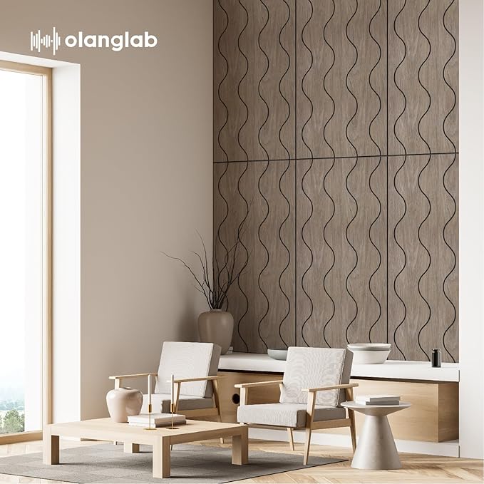 Olanglab Wood Veneer Wall Panels 6 Pack, 24‘’X48‘’ Sound Absorbing Panels for Noise Reduction, Wave
