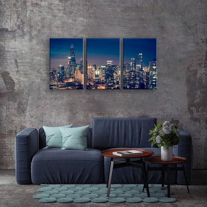 NAN Wind Modern Canvas Painting Chicago Skyline at Night Wall Art Cityscape Picture Print on Canvas Blue City Cool Building Giclee Artwork for Home Office Living Room Bedroom Decoration Framed