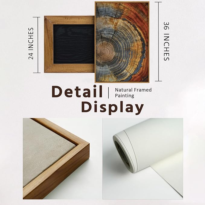 BingruiArt Large Framed Tree Ring Canvas Wall Art Red and Gold Abstract Wood Wall Decor Boho Modern Colorful Nature Prints Pictures for Living Room Bedroom Bathroom 24"x36" Natural Framed(03)