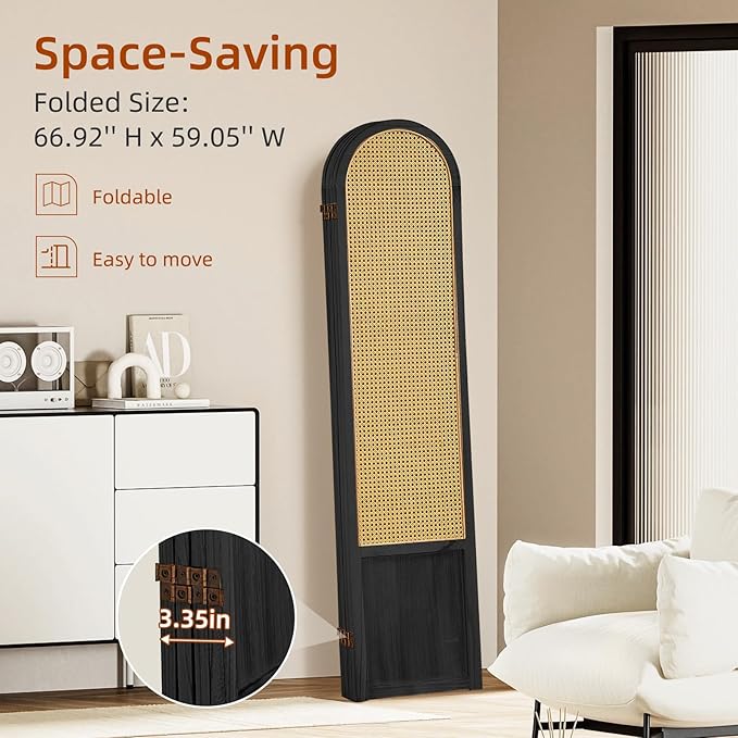 4 Panel Room Dividers and Folding Privacy Screens, Hand-Made Rattan Room Divider with Bi-Directional Hinge, Pre-Assembled Wood Room Divider Wall for Home Office Bedroom, Black