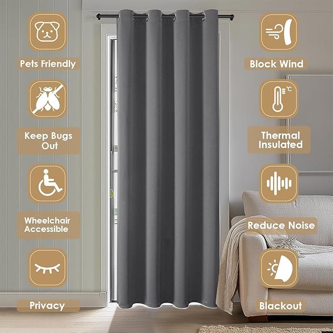 ChrisDowa Blackout Curtains 80 Inches Long for Doorways and Closets, Thermal Insulated Temporary Room Dividers (1 Panel, Grey, 34 x 80 Inch)