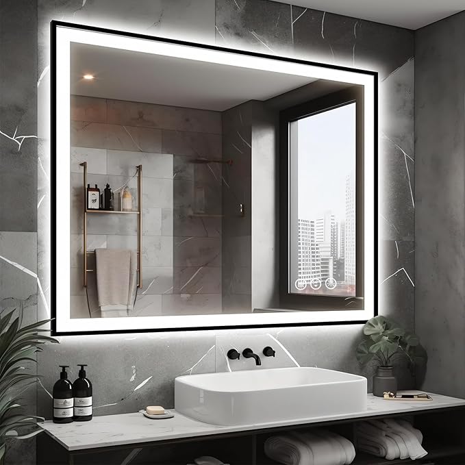 48x40 LED Lighted Bathroom Mirror - Black Aluminum Framed (Front and Backlit), Anti-Fog Bathroom Mirror with Lights,Stepless Dimmable LED Mirror,3 Colors Smart Mirror(Horizontal/Vertical)