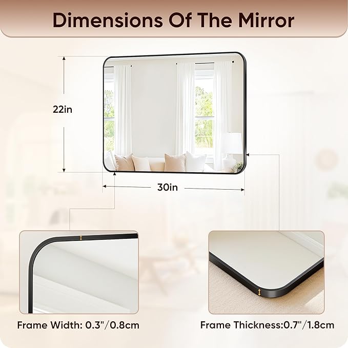 Antok Wall Mirror, 22"x30" Bathroom Vanity Mirror, Anti-Rust HD Tempered Glass, Wall Mounted Mirrors for Living Room, Entryway, Black Frame, Rect