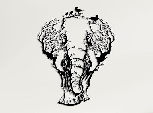 Metal Wall Art, Geometric Elephant, Metal Wall Decor, Interior Decoration, Living Room Decor, Wildlife Lover Gift, Wall Hangings, Birds and Elephant Sign (23"W x 30"H / 59x75cm)