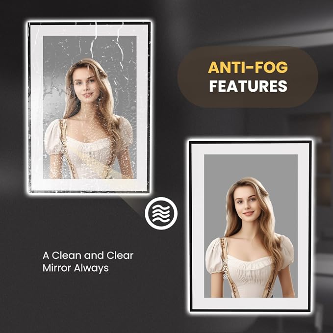 LOAAO 20"X28" LED Bathroom Mirror Black Framed, Anti-Fog, Dimmable, Lighted Bathroom Vanity Mirror for Wall, Memory Function, Tempered Glass