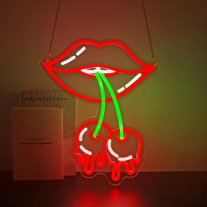 Cherry Lips Neon Sign, Neon Signs for Wall Decor Neon Red LED Signs Room Neon Light Up Signs Home Decor for Bedroom Club Party Bar Shop USB Operated