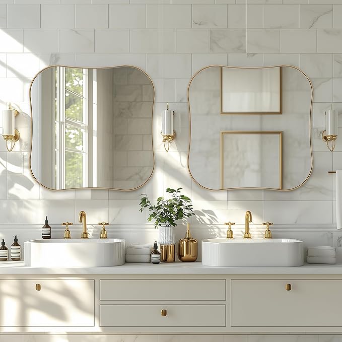 ANDY STAR Brushed Gold Square Bathroom Mirror, 30x30 Inch Contempoary Scalloped Brass Mirrors for Wall in 1 Inch Unique Concave Wavy Stainless Steel Metal Design Ideal for Home Decor Wall Mounted