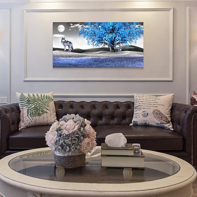 Large Size Canvas Wall Art For Living Room Wall Decor For Bedroom Modern Office Decorations Blue Tree Wall Pictures Artwork Black And White Scenery Paintings Room Wall Prints Art Home Decor 24" X 48"