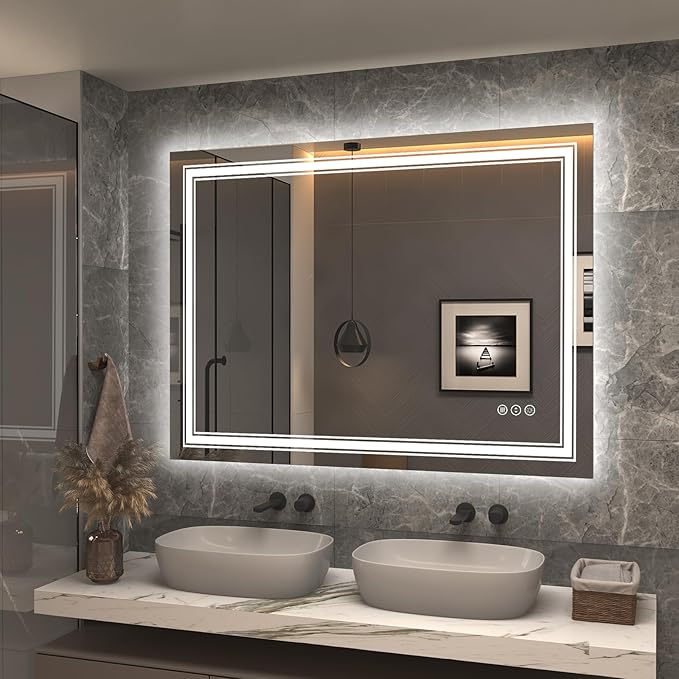 48x36 Led Lighed Bathroom Mirror for Wall, Large Dimmable Vanity Mirror with Lights, Anti-Fog, Shatterproof, Memory， ETL Listed (Backlit and Front Lighted)