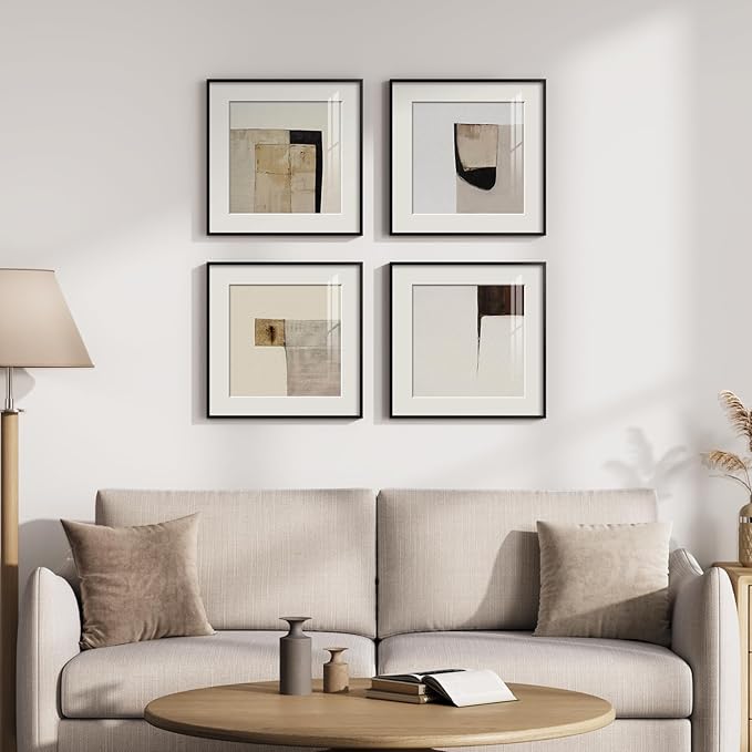 4 Piece Framed Neutral Abstract Wall Art Set, Tan and Black Geometric Modern Pictures Prints, Minimalist Luxury Paintings Artwork for Bedroom, Bathroom, Hallway and Living Room 12x12 Inch