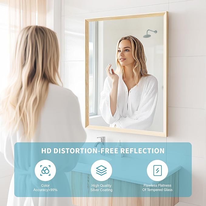Oak Wood Effect Framed Wall Mirror, 24x32 Rectangle Mirror, 1/8" Anti-desilvering Tempered Glass, Sustainable& Sturdy Frame, Anti-Rust, HD Reflection &3min Fast Setup for Bathroom Living Room
