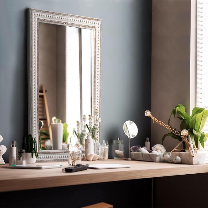 35x23'' Boho Wooden Rectangle Wall Mirror, Rustic Farmhouse Rectangular Mirrors for Bathroom, Bedroom, Living Room, Entryway Decorative - Vertical or Horizontal Hanging