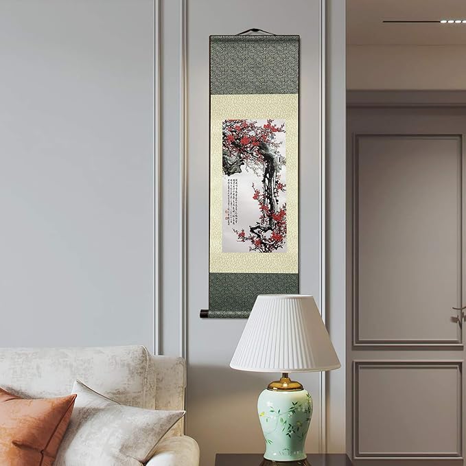 AtfArt Asian Wall Decor Beautiful Silk Scroll Painting Flowers - Proud Plum - Iron Heart Oriental Decor Chinese Art Wall Scroll Wall Hanging Painting Scroll (36.2 x 12 in)