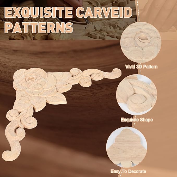 4-Pack Wood Ceiling Molding Corner Trim, 13.4"x13.4" Carved Flower Wall Panels, French Style Decorative Accent for Ceiling & Wall Décor