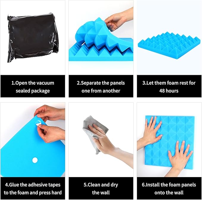 Musfunny Sound Proof Acoustic Foam Panels, 12 Pcs 2" x 12" x 12" Acoustic Panels Sound Absorbing Wall Panels for Studio Recording Office Home Studio (Blue)