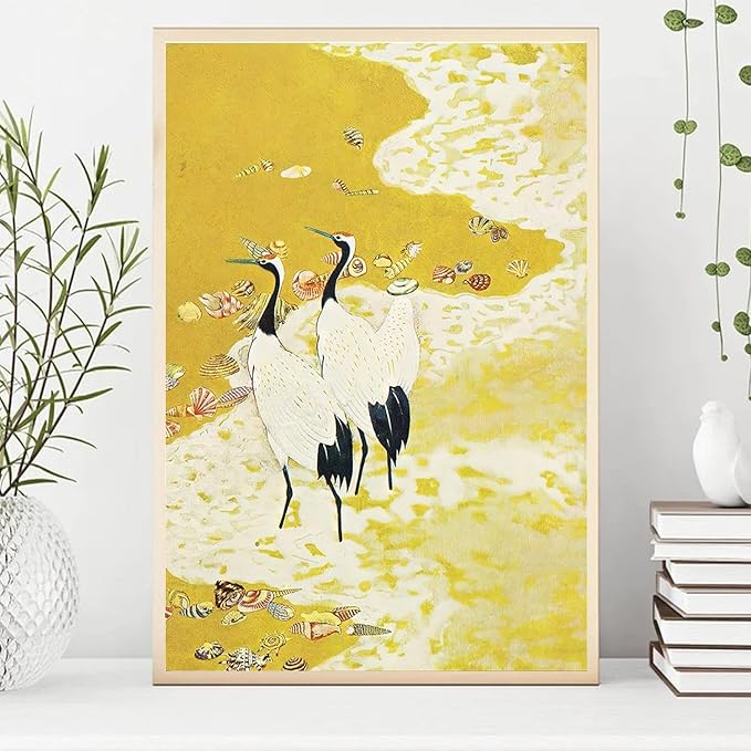 OZCONO Japanese Crane Beach Art Print, Unframed Gallery Quality Giclée Print, Yellow Coastal Bird Wall Decor with UV Resistant Inks (30L x 20W)