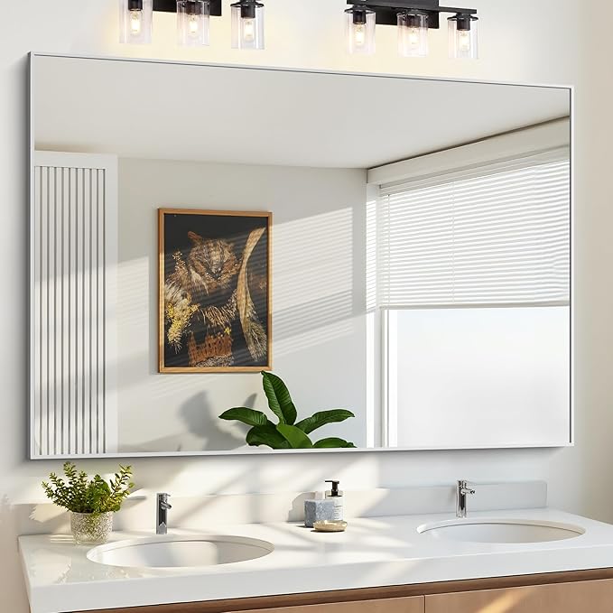 KOCUUY Silver Bathroom Mirror, 60"x40" Large Rectangle Bathroom Mirror for Wall, HD Tempered Glass, Anti-Rust Brushed Silver Frame, Modern Design for Bathroom, Bedroom, Hang Horizontal/Vertical