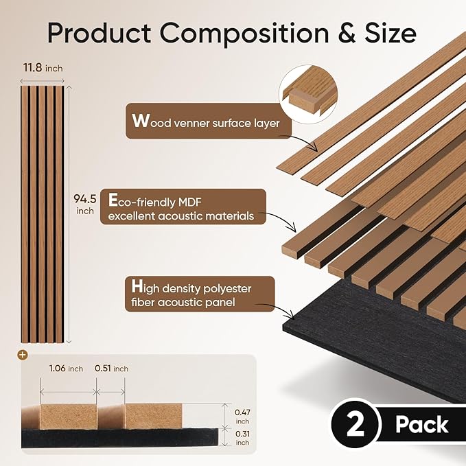2 Pack Wood Slat Acoustic Panels for Wall and Ceiling, 94.49"×12.80" Soundpoof Wooden Wall Panels for Interior Wall Decor, 3D Fluted Sound Absorbing Panel - Deep Walnut