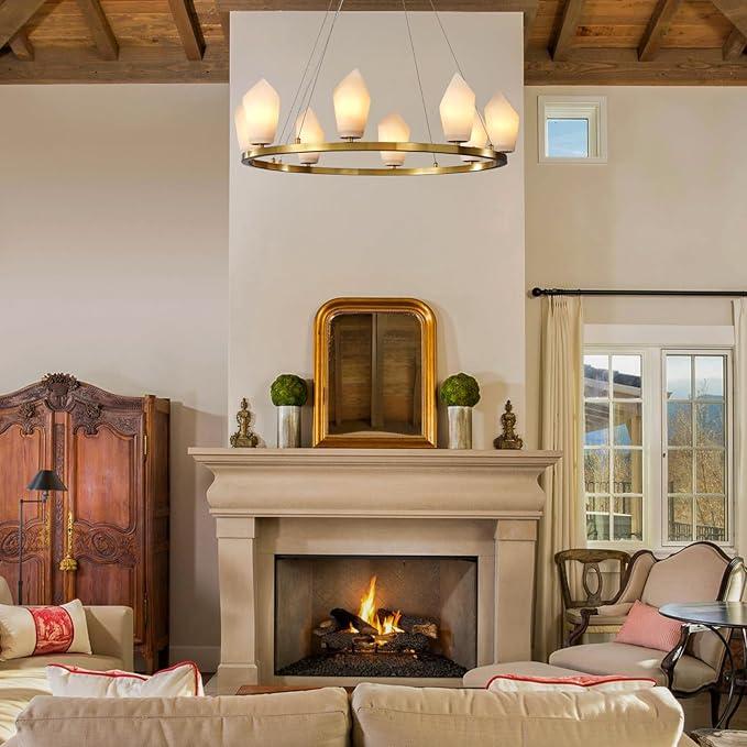 Alabaster Chandelier, 31.5" 8-Light Large Round Chandeliers for Living Room with Bulb, Wagon Wheel Chandelier for Entryway, Farmhouse Chandeliers for Bedroom, Gold Foyer Lighting Fixtures