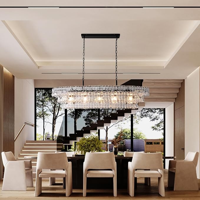 54 Inch Large Rectangular Black Chandelier for Dining Room, Clear Glass Drum Modern Pendant Light Fixture, Extra Long Kitchen Island Lighting