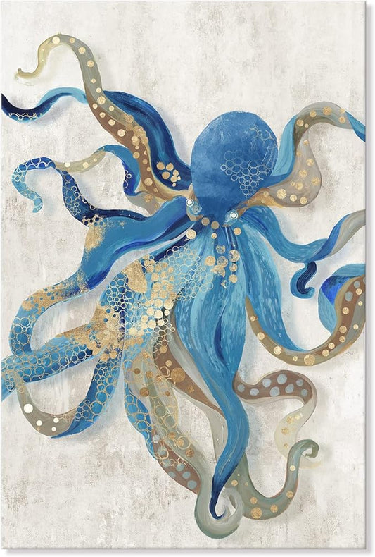 Octopus Canvas Wall Art Ocean Life Theme Painting Blue and Gold Sea Animal Picture Coastal Artwork Framed Octopus Picture For Bathroom Bedroom Livingroom Wall Decoration 24x36Inch