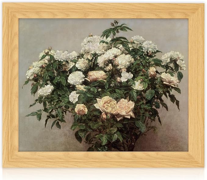 Brivoria Framed Canvas Wall Art Vintage Decor, Botanical Rose Plant Artwork with Blooming White and Pink Flowers and Soft Tones for Entryway Dining Room or Traditional Wall Decoration, 13"x16"