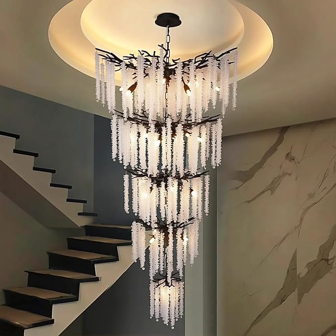 118'' Black Branch High Ceiling Chandelier, 28-Light Modern Long Tree Chandeliers, 3CCT Dimmable, Large Luxury Foyer Chandelier, Raindrop K9 Crystals Fixtures for Staircase, Entryway, Living Room
