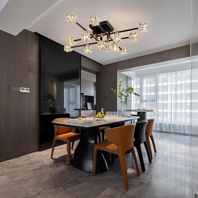 Crystal Ceiling Light Fixture with 13-Lights,Black and Gold Semi Flush Mount Ceiling Light,Modern Chandelier for Kitchen Island,Living Room,Bedroom,Dining Room
