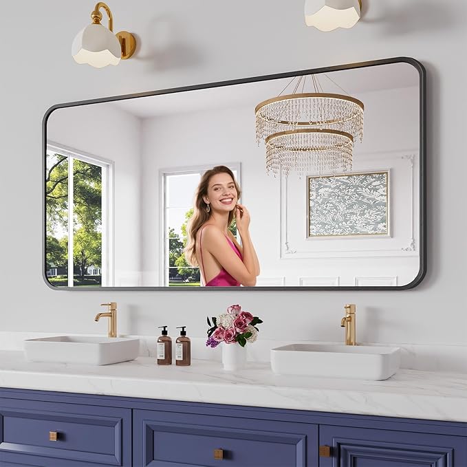 Koonmi Bathroom Mirror, 30X60 Inch Black Metal Framed Mirror for Bathroom, Tempered Glass, Anti-Rust, Rounded Rectangle Mirror for Restroom, Bedroom, Black