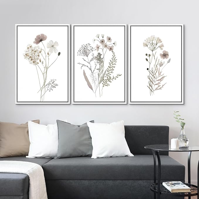 MUDECOR Framed Canvas Print Wall Art Watercolor Wildflower Art Print, Floral Botanical Prints, Minimalist Art, Modern Farmhouse for Bedroom - 16"x24"x3 White