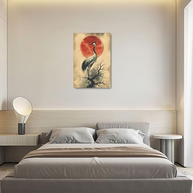 Japanese Crane Wall Art Oriental Asian Wall Decor Sandhill Crane Canvas Pictures Paintings Prints Japan Traditional Aesthetic Artwork Framed Chinese Decorations For Bedroom Living Room Office Gifts 16" x 24"