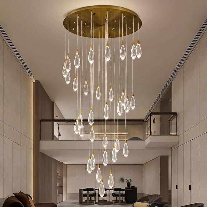 189" Luxury Long Crystal Chandelier, 43-Light Modern Gold Raindrop Staircase Chandelier, Contemporary 4000K Dimmable Flush Mount Light Fixture for Foyer, Entryway, Living Room, High Ceilings