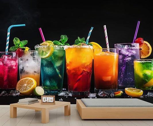 3D Cocktails Mural Wallpaper, Miami Cocktails Murals, Modern Stylish Wall Art Murals Wallpaper for Living Room Bedroom Home Decor Mural - 137.8" W x 111" H (Not Peel Stick)