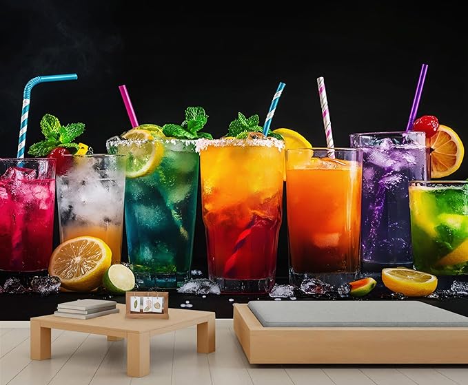 3D Cocktails Mural Wallpaper, Miami Cocktails Murals, Modern Stylish Wall Art Murals Wallpaper for Living Room Bedroom Home Decor Mural - 110" W x 90" H (Not Peel Stick)