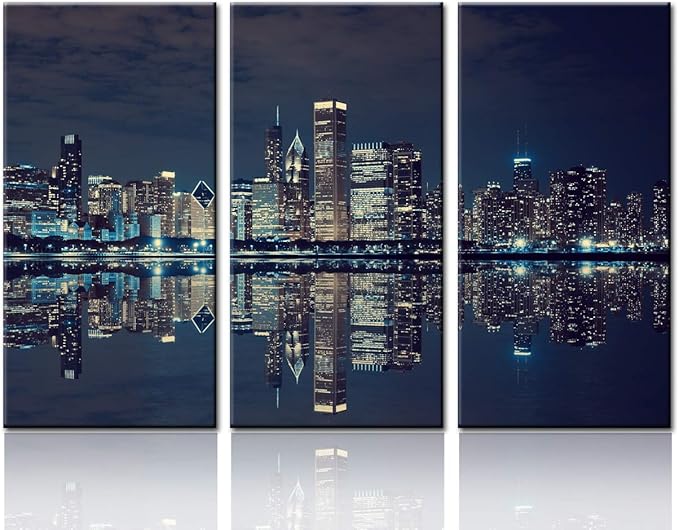 Modern Canvas Painting Wall Art Picture for Home Decoration Panoramic View of Chicago Skyline at Night in Black and White Place Cityscape Print On Canvas Giclee Artwork for Wall Decor 28‘’x14‘’x3