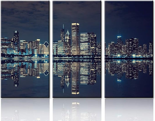 Modern Canvas Painting Wall Art Picture for Home Decoration Panoramic View of Chicago Skyline at Night in Black and White Place Cityscape Print On Canvas Giclee Artwork for Wall Decor 28‘’x14‘’x3