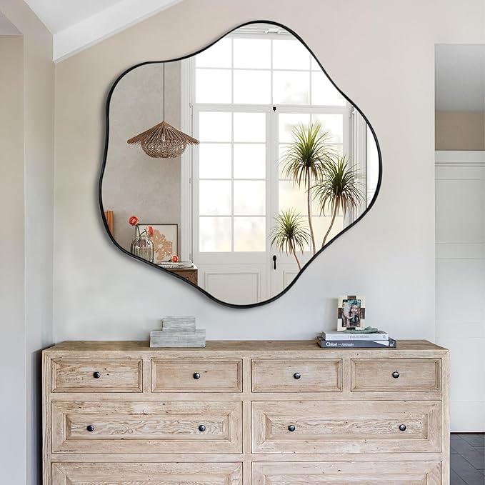 Large Scalloped Mirror, 35" Irregular Shaped Mirror, Asymmetrical Wall Mirrors Decorative, Modern Wavy Round Mirrors for Living Room Bathroom Bedroom Hallway Entryway Fireplace