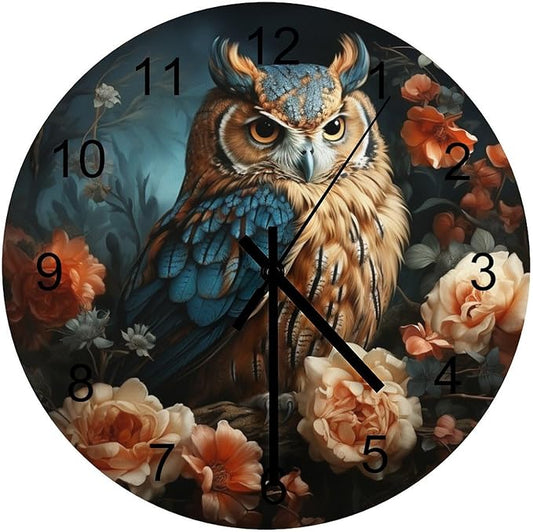 Owl-Themed Round Wall Clock, Rose Retro Art Style for Those Who Stay Up Late, Watercolor Cartoon Owl Handsome, Wooden Silent Wall Clock for The Bedroom 12x12INCH