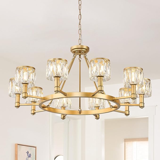 10-Light Crystal Glass Chandelier Round 38" Gold Wagon Wheel Chandelier Modern Crystal Entry Light Fixture with Adjustable Chain for Dining Room Foyer Bedroom