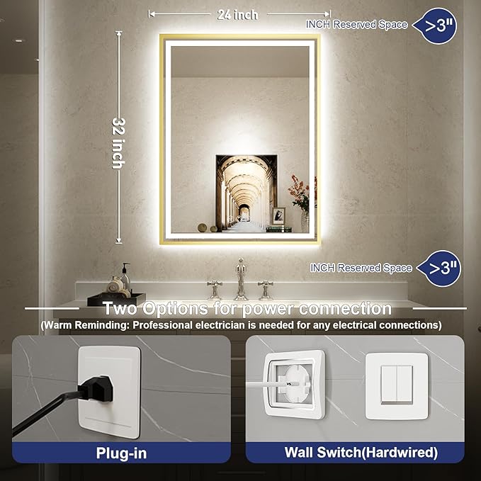 24x32 Inch LED Bathroom Mirror with Lights, Frontlit & Backlit Gold Metal Frame Mirror, Wall Mounted Lighted Vanity Mirrors for Wall, Double Lights Strips,Anti Fog Stepless Dimmable 3000K-6000K