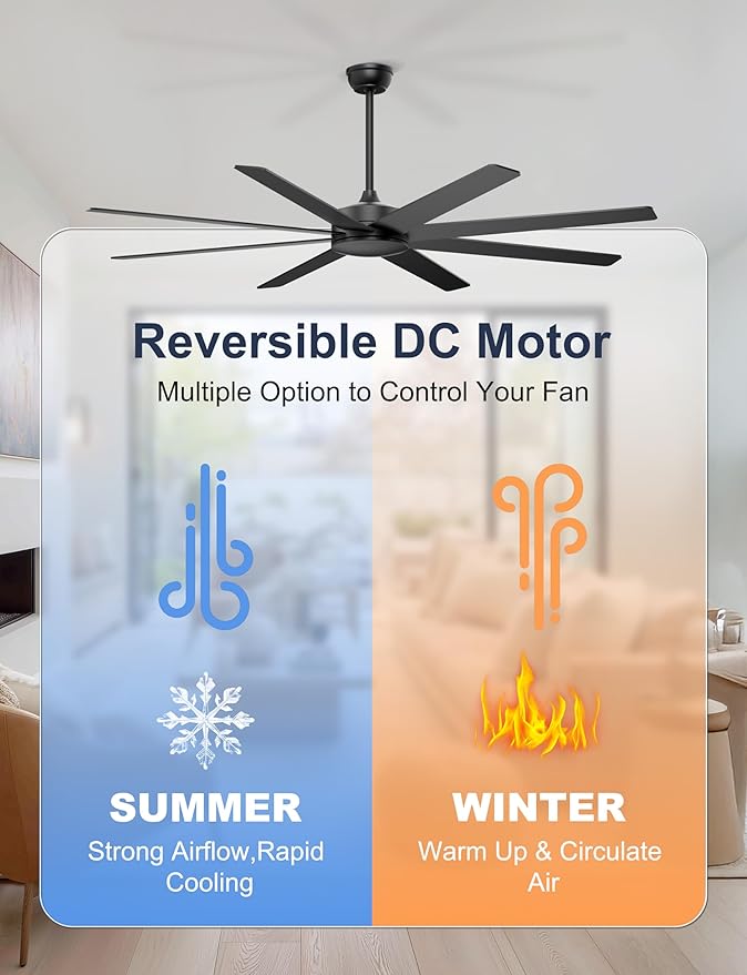 72'' Large Ceiling Fans No Lights, Modern Black Ceiling Fan Remote/APP Control, Quiet DC Motor Big Ceiling Fan for Shop Garage Covered Outdoor Patios