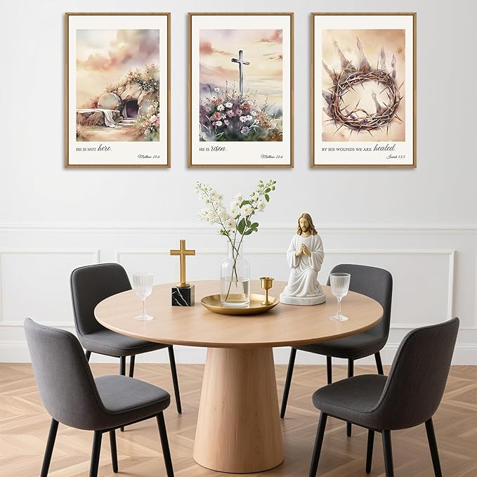 Ausril 3 Pcs Christian Cross Framed Wall Art Set, Jesus Empty Tomb Canvas Decor, Christian Religious Bible Painting, Jesus Crucifixion Risen Easter Print for Living Room, Bedroom, Church 24X36inch