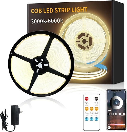 COB LED Strip Lights 50ft,3000K DC 24V Dimmable Warm White Flexible LED Rope Lights for Bedroom,with Remote and app Control LED Lights Strip for Living Room, Shelf, Cabinet