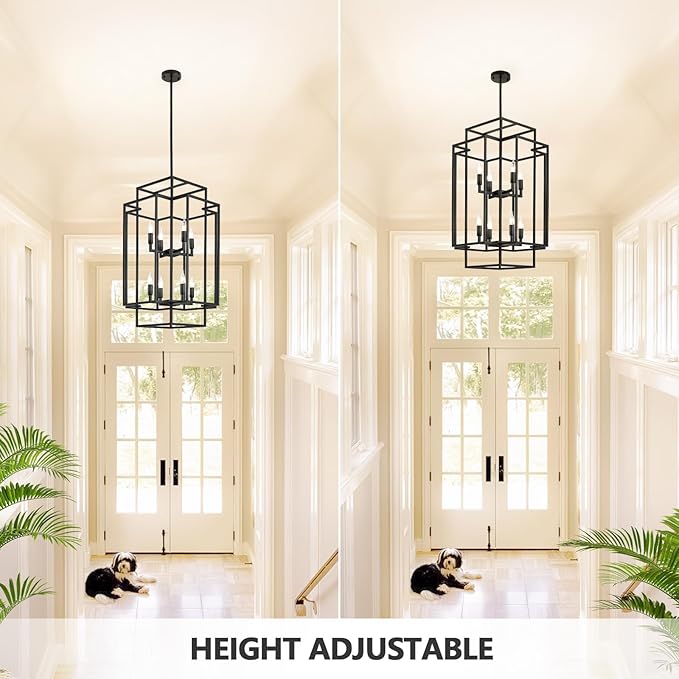 Black Farmhouse Chandelier, Large Chandeliers for High Ceilings, 8-Light Tiered Lantern Pendant Light Modern Foyer Lighting Fixtures, for Entryway Staircase