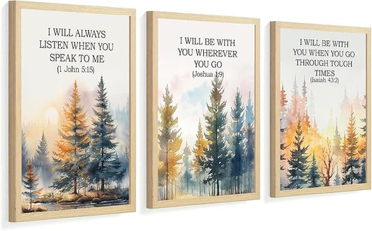 Christian Bible Wall Art Set of 3, Bible Verses Wall Decor Paintings, Religious Psalm Poster Canvas Prints, Vintage Forest Landscape Home Decoration for Living Room Bedroom 16x24 inch Wood Framed